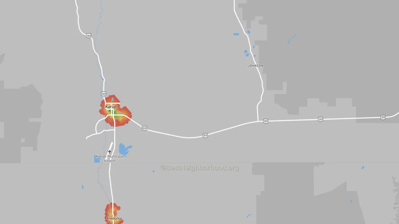 Walk Grade map of 84741, UT, walkable areas in green and car-dependent areas in red