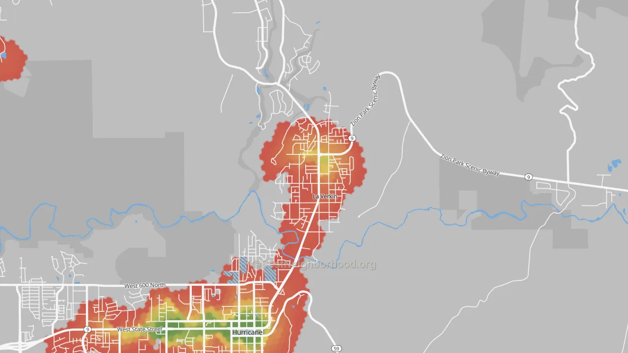 Walk Grade map of 84745, UT, walkable areas in green and car-dependent areas in red