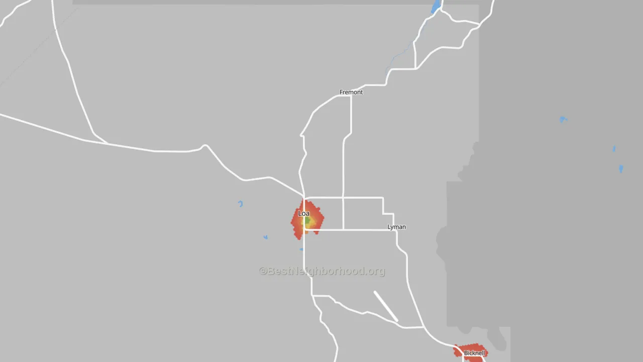 Walk Grade map of 84747, UT, walkable areas in green and car-dependent areas in red