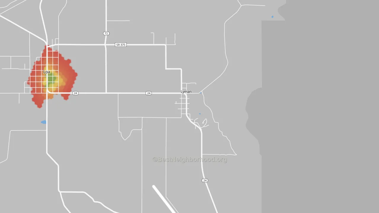 Walk Grade map of 84749, UT, walkable areas in green and car-dependent areas in red