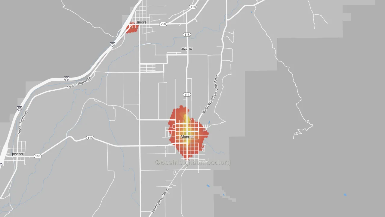 Walk Grade map of 84754, UT, walkable areas in green and car-dependent areas in red