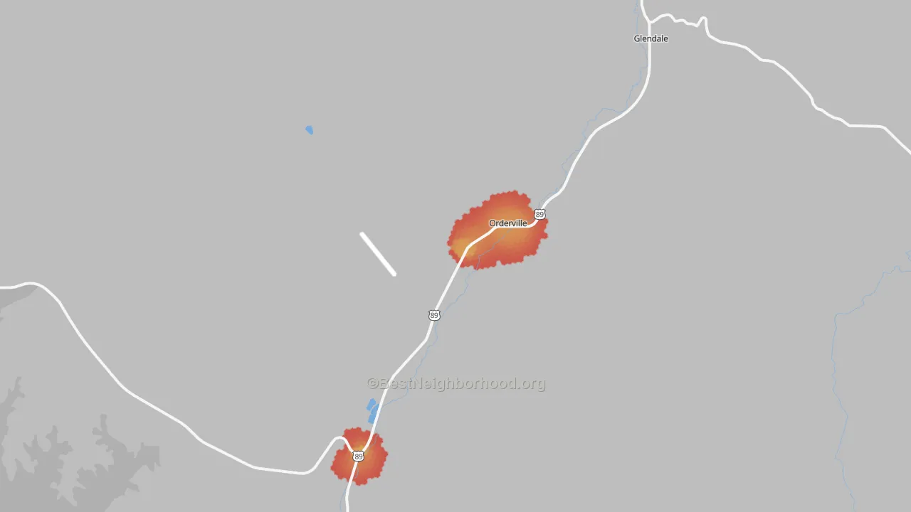 Walk Grade map of 84758, UT, walkable areas in green and car-dependent areas in red