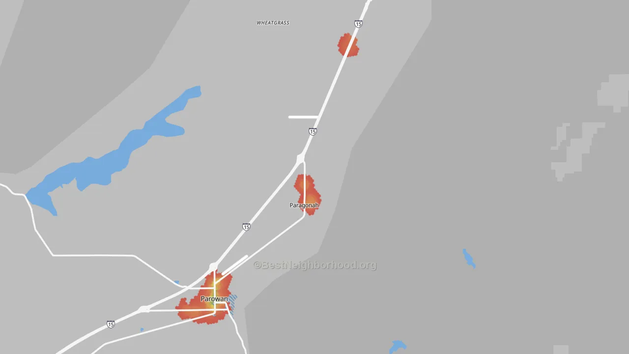 Walk Grade map of 84760, UT, walkable areas in green and car-dependent areas in red