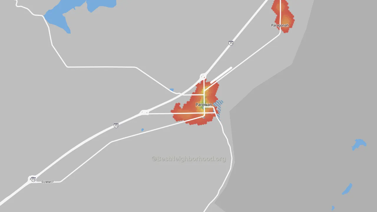 Walk Grade map of 84761, UT, walkable areas in green and car-dependent areas in red