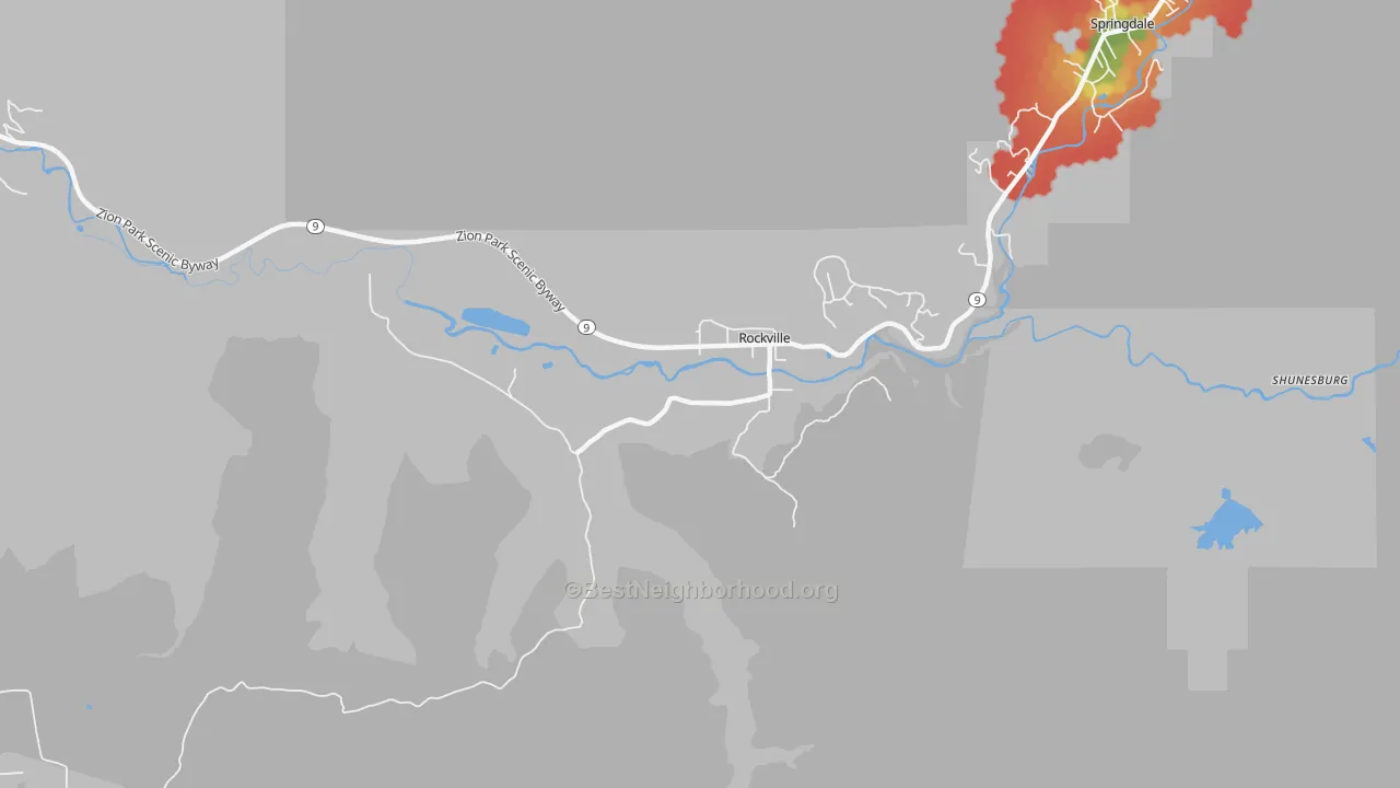 Walk Grade map of 84763, UT, walkable areas in green and car-dependent areas in red