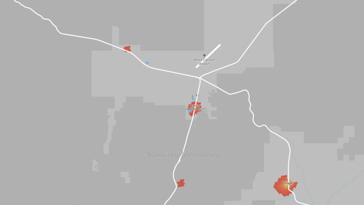 Walk Grade map of 84764, UT, walkable areas in green and car-dependent areas in red
