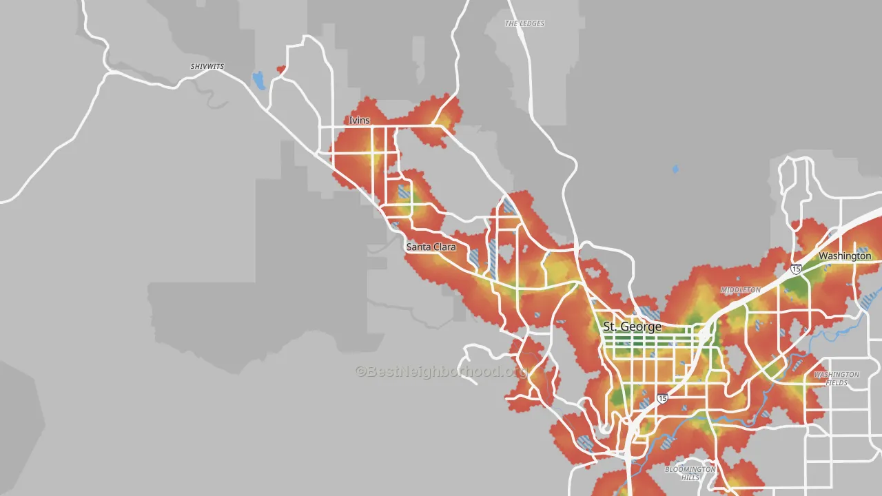 Walk Grade map of 84765, UT, walkable areas in green and car-dependent areas in red