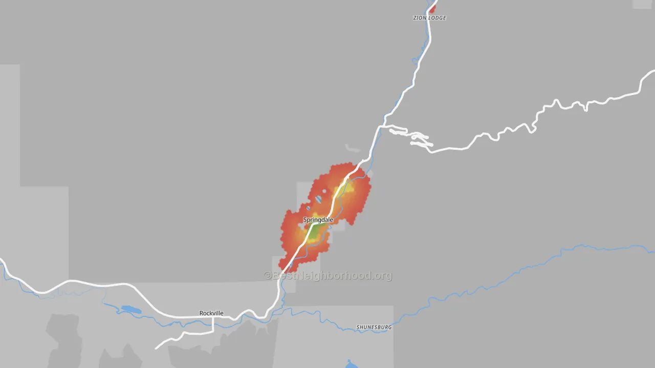 Walk Grade map of 84767, UT, walkable areas in green and car-dependent areas in red