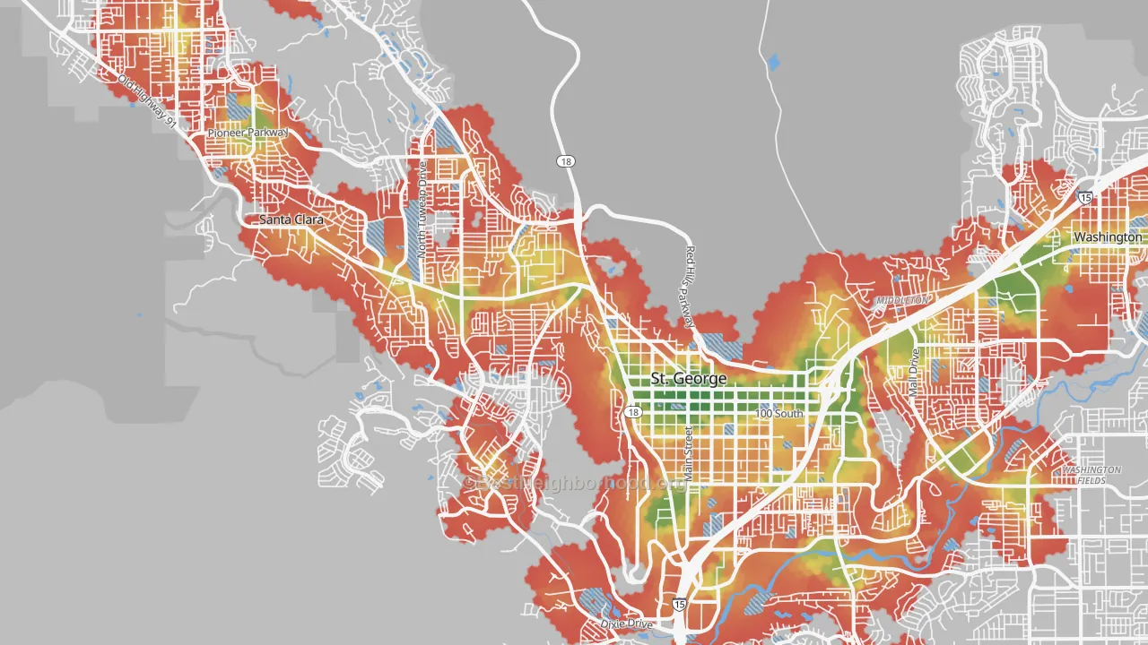 Walk Grade map of 84770, UT, walkable areas in green and car-dependent areas in red
