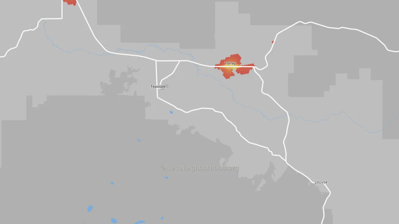 Walk Grade map of 84773, UT, walkable areas in green and car-dependent areas in red