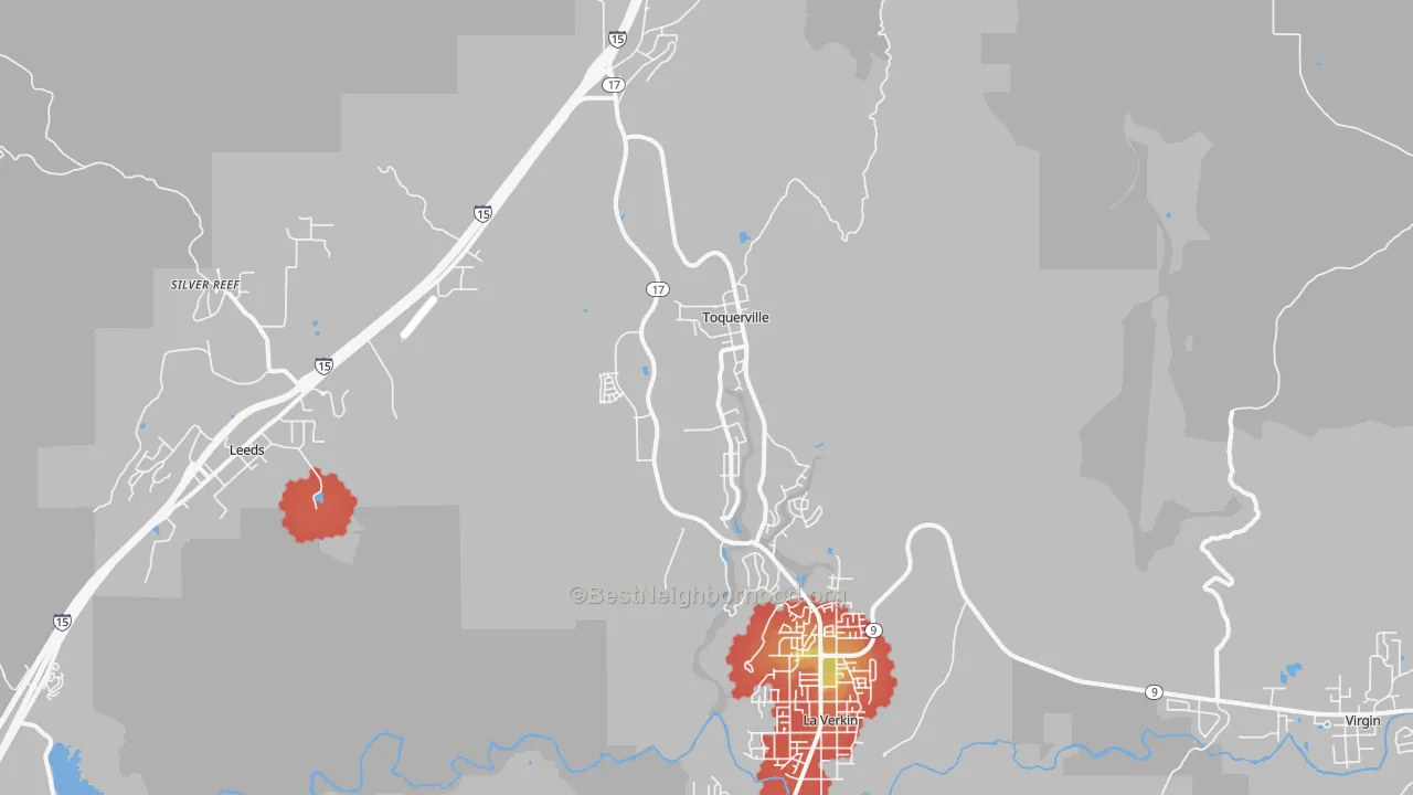 Walk Grade map of 84774, UT, walkable areas in green and car-dependent areas in red