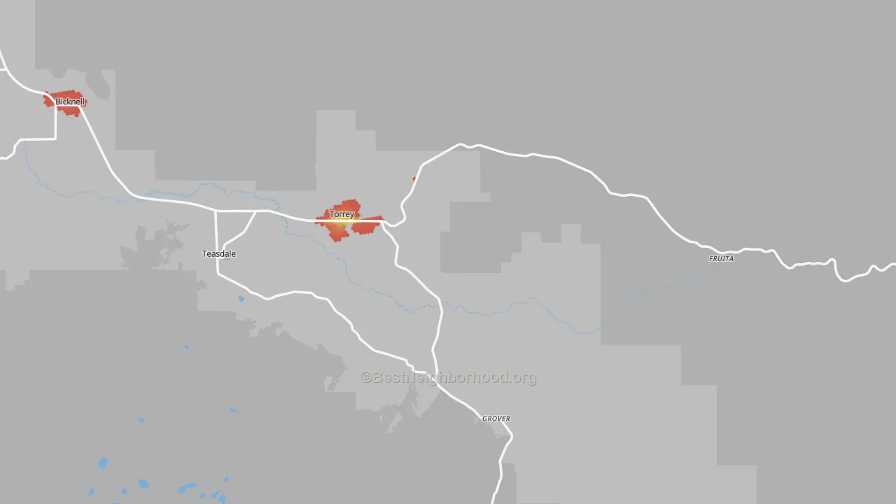 Walk Grade map of 84775, UT, walkable areas in green and car-dependent areas in red