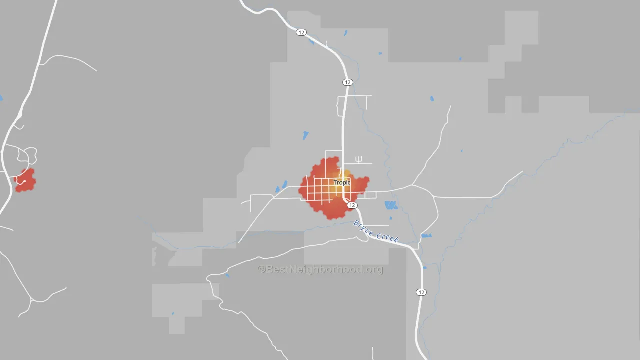 Walk Grade map of 84776, UT, walkable areas in green and car-dependent areas in red
