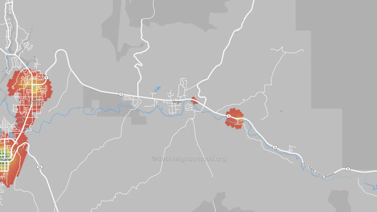 Walk Grade map of 84779, UT, walkable areas in green and car-dependent areas in red