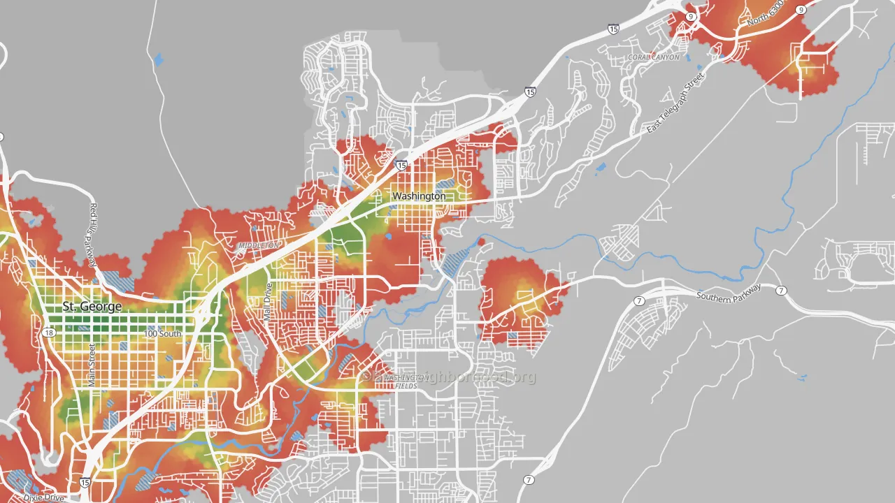 Walk Grade map of 84780, UT, walkable areas in green and car-dependent areas in red