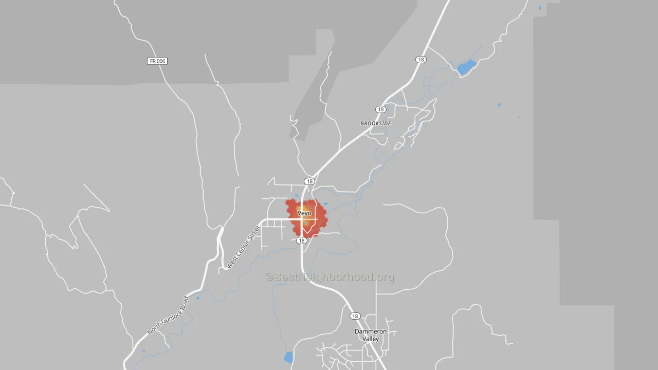 Walk Grade map of 84782, UT, walkable areas in green and car-dependent areas in red