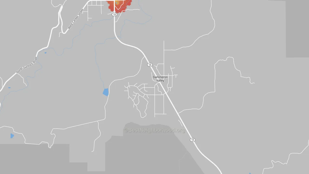 Walk Grade map of 84783, UT, walkable areas in green and car-dependent areas in red