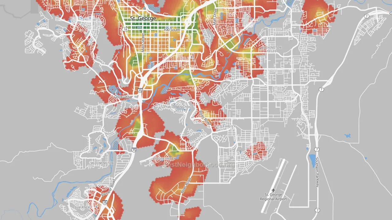Walk Grade map of 84790, UT, walkable areas in green and car-dependent areas in red