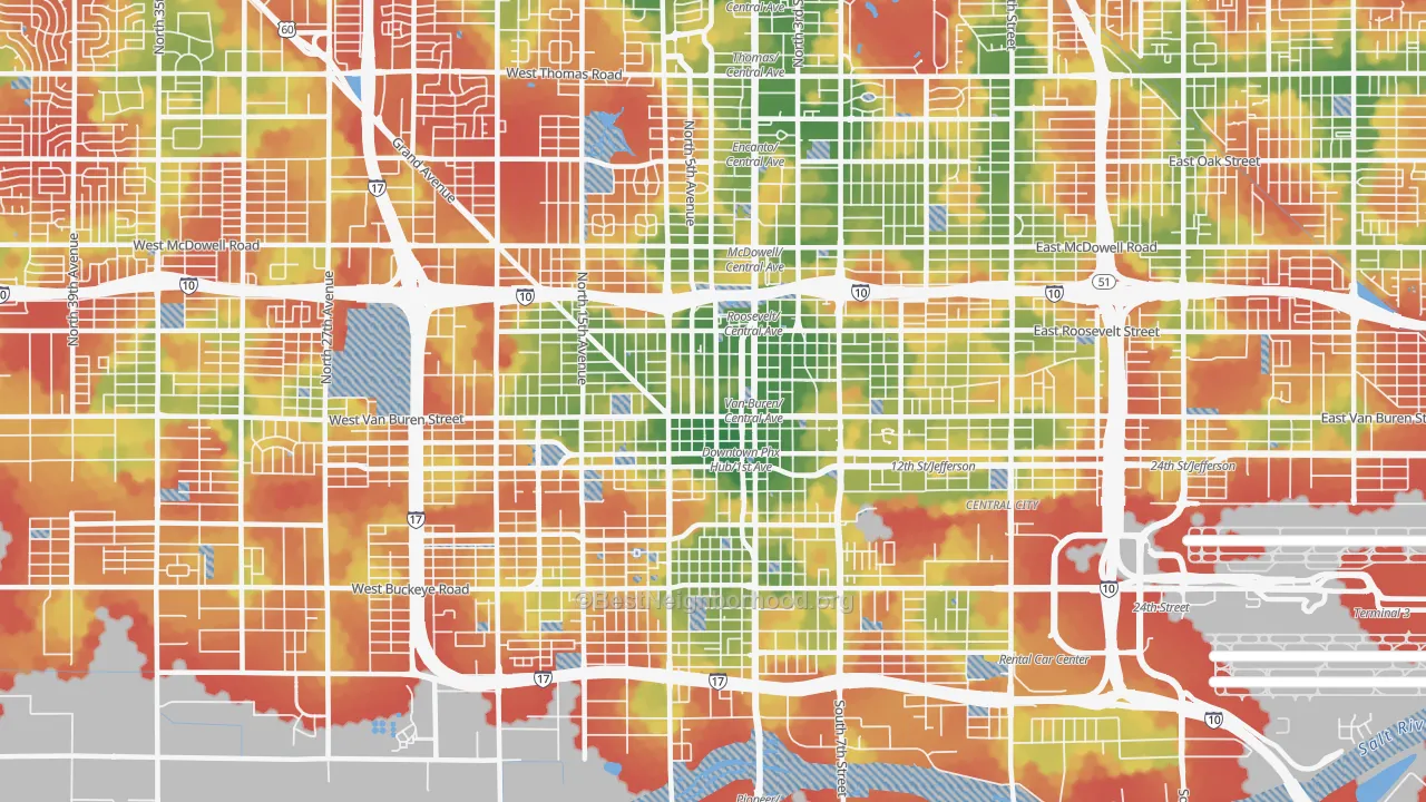 Walk Grade map of 85003, AZ, walkable areas in green and car-dependent areas in red