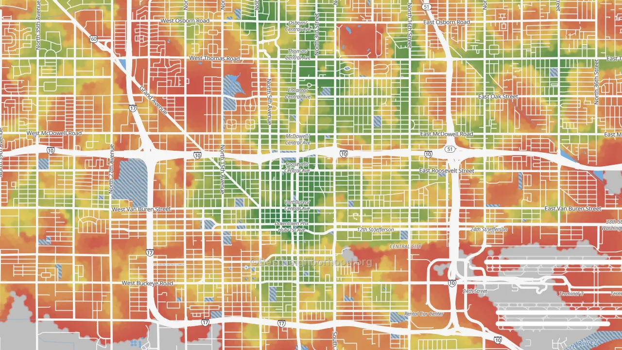 Walk Grade map of 85004, AZ, walkable areas in green and car-dependent areas in red