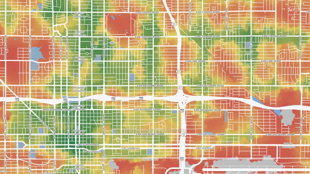 Walk Grade map of 85006, AZ, walkable areas in green and car-dependent areas in red