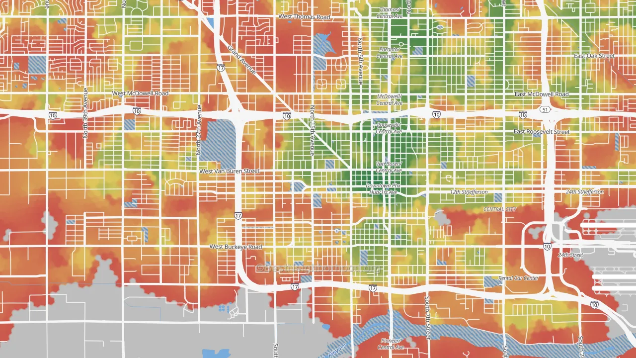 Walk Grade map of 85007, AZ, walkable areas in green and car-dependent areas in red