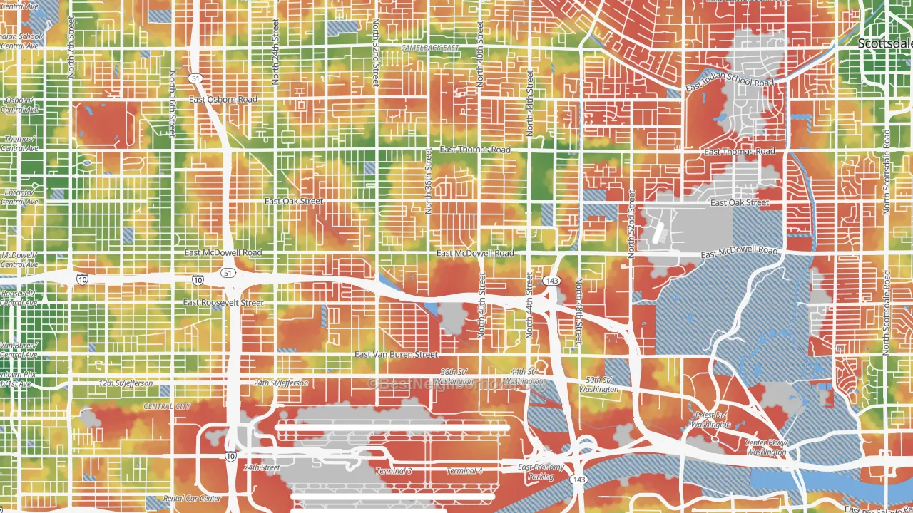 Walk Grade map of 85008, AZ, walkable areas in green and car-dependent areas in red
