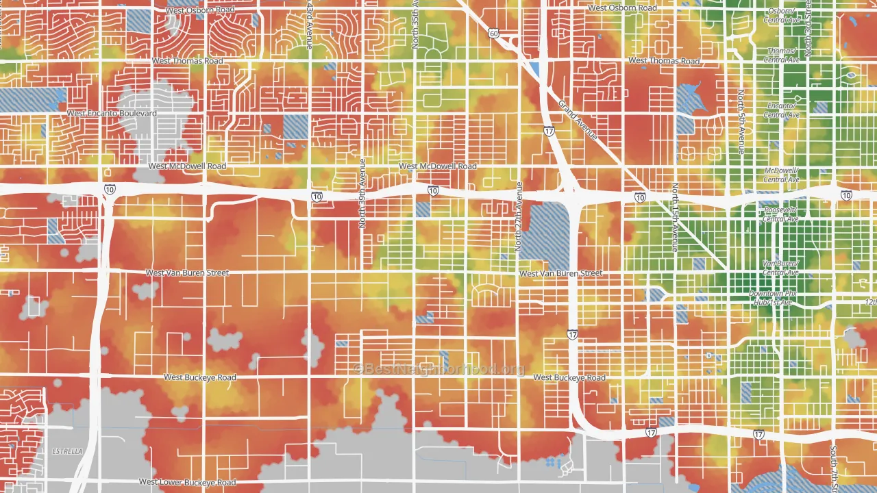 Walk Grade map of 85009, AZ, walkable areas in green and car-dependent areas in red