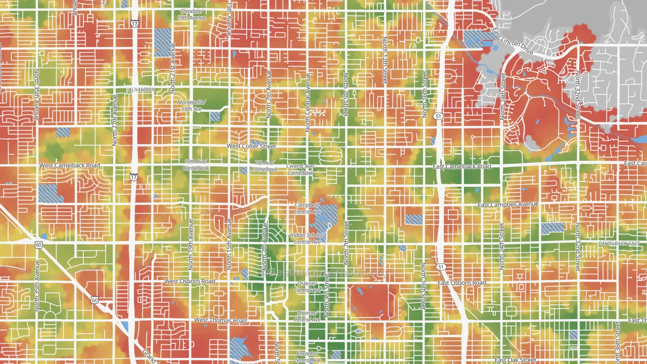 Walk Grade map of 85012, AZ, walkable areas in green and car-dependent areas in red