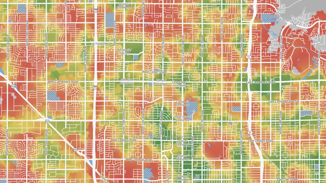 Walk Grade map of 85013, AZ, walkable areas in green and car-dependent areas in red