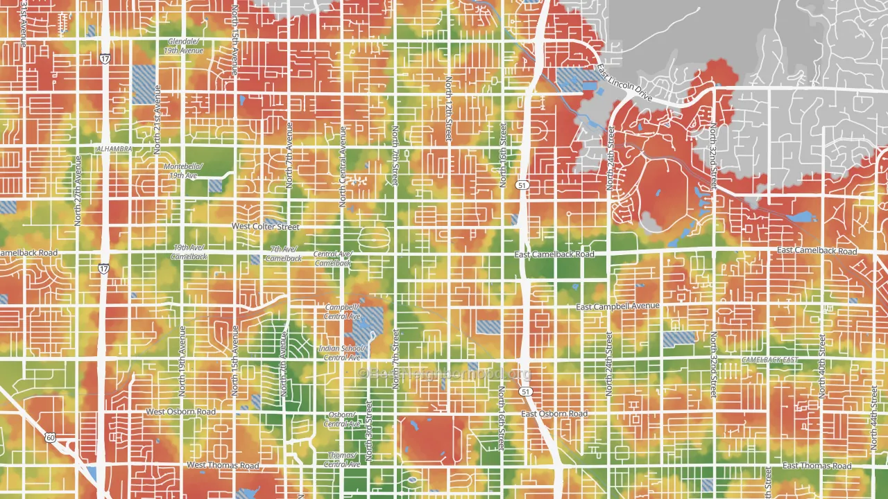 Walk Grade map of 85014, AZ, walkable areas in green and car-dependent areas in red