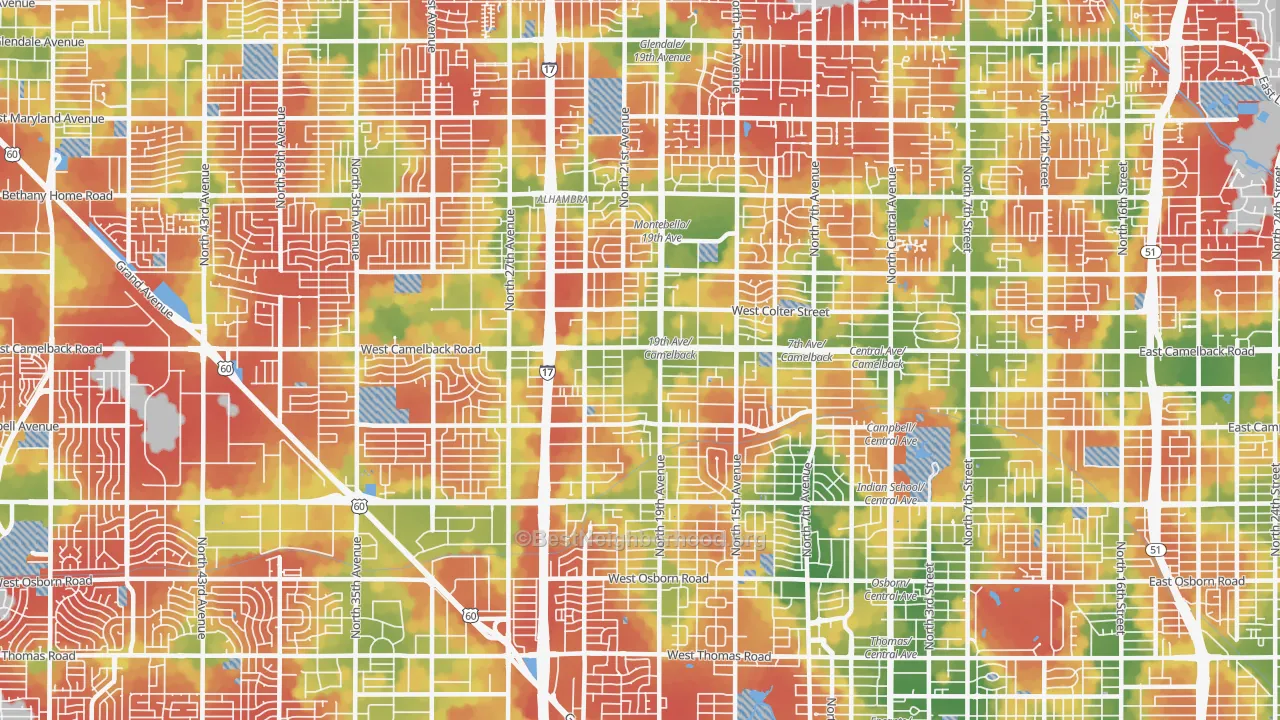 Walk Grade map of 85015, AZ, walkable areas in green and car-dependent areas in red