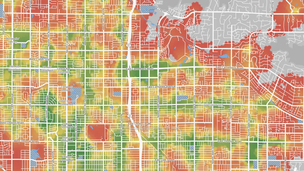Walk Grade map of 85016, AZ, walkable areas in green and car-dependent areas in red