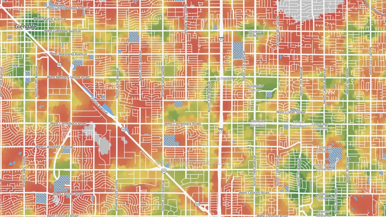 Walk Grade map of 85017, AZ, walkable areas in green and car-dependent areas in red