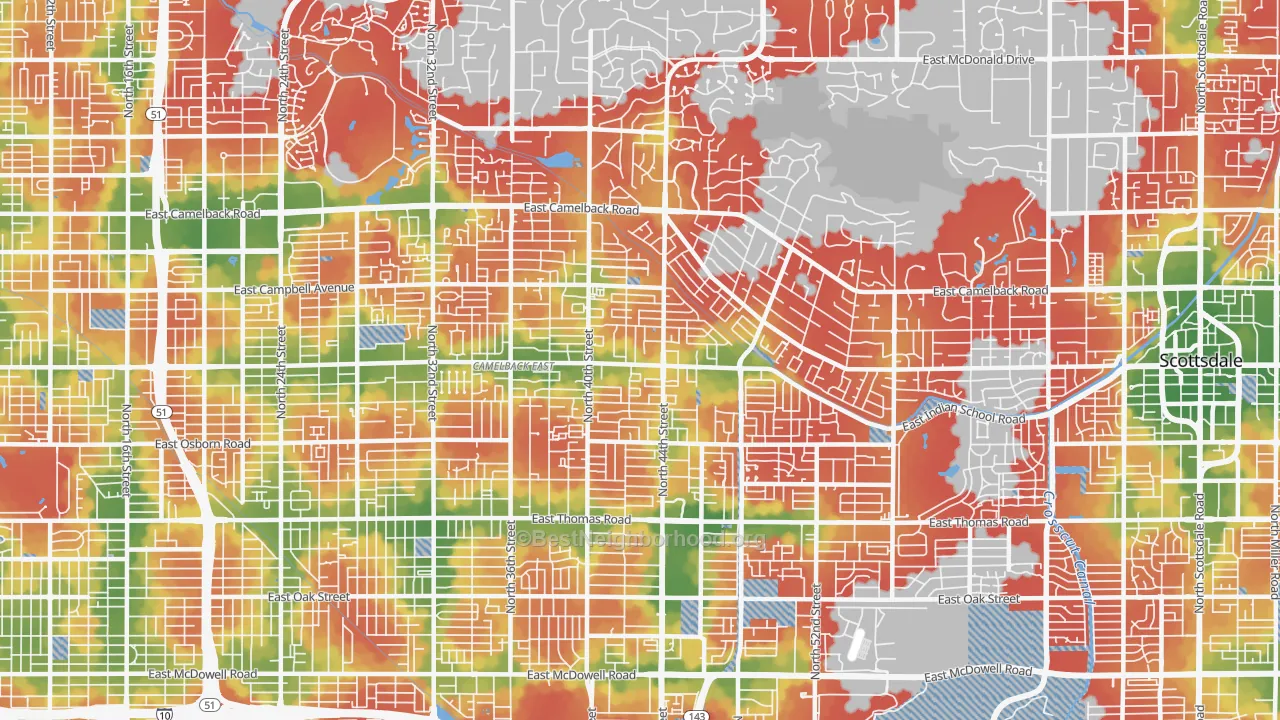 Walk Grade map of 85018, AZ, walkable areas in green and car-dependent areas in red