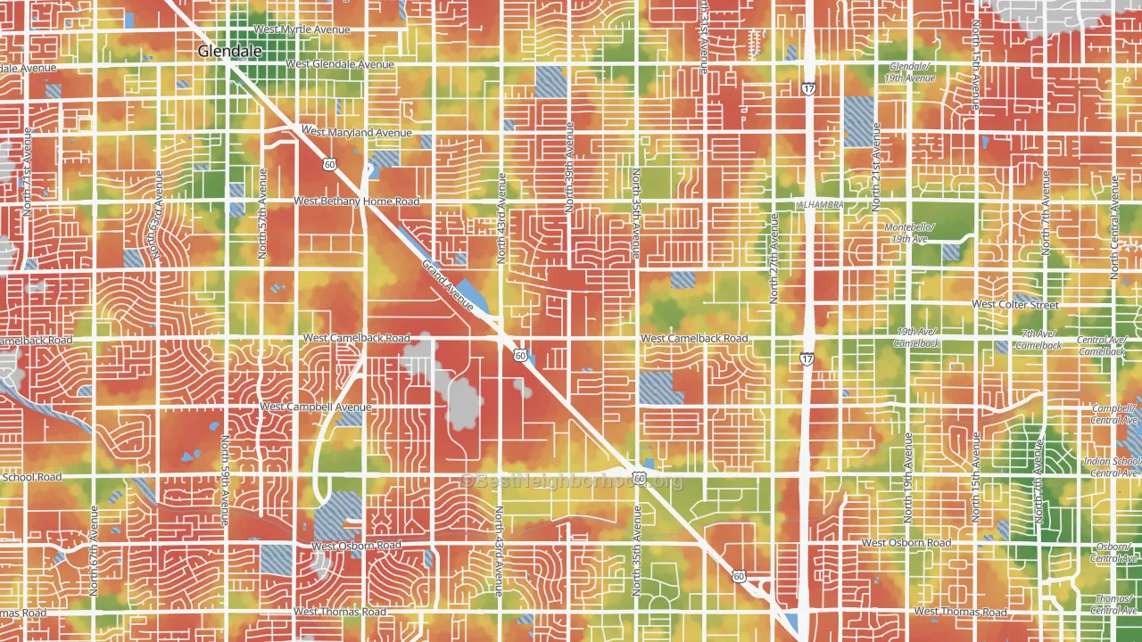 Walk Grade map of 85019, AZ, walkable areas in green and car-dependent areas in red