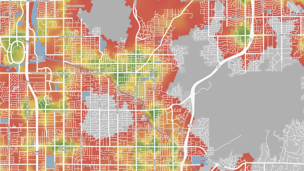 Walk Grade map of 85020, AZ, walkable areas in green and car-dependent areas in red