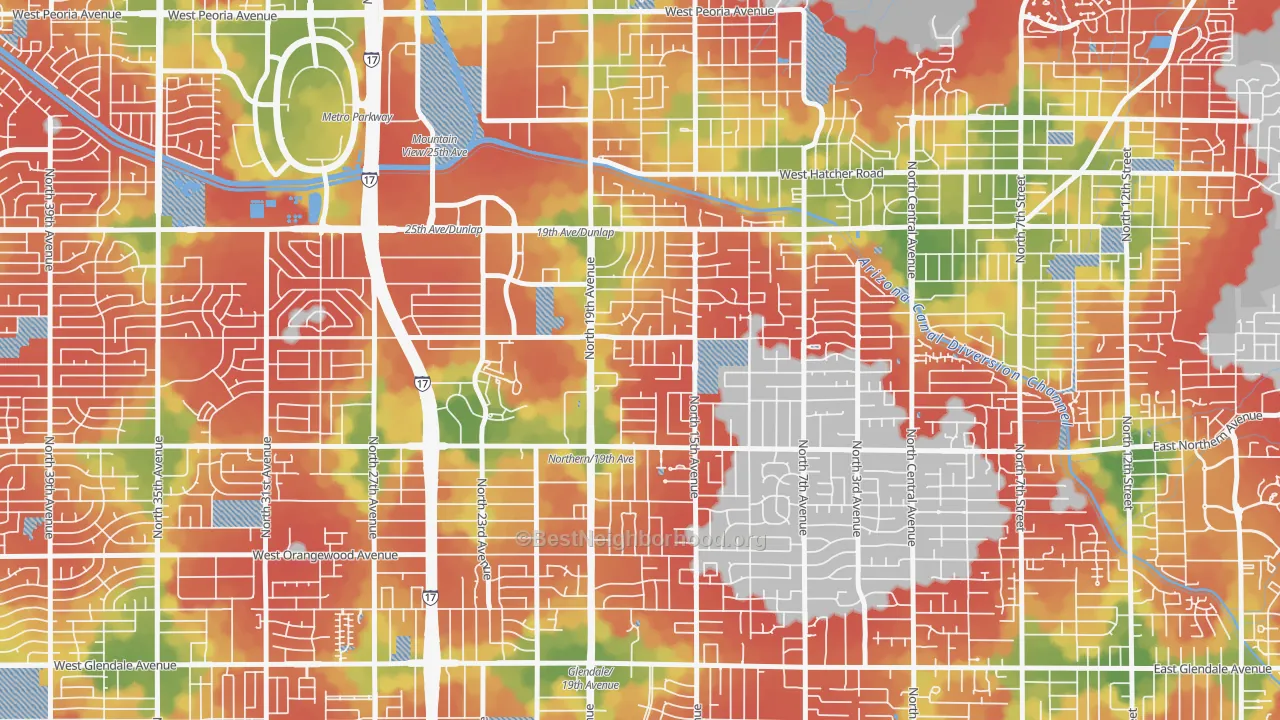 Walk Grade map of 85021, AZ, walkable areas in green and car-dependent areas in red