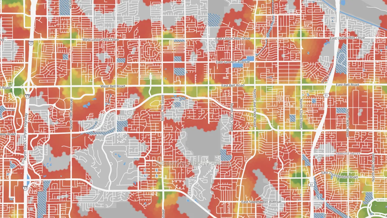 Walk Grade map of 85022, AZ, walkable areas in green and car-dependent areas in red