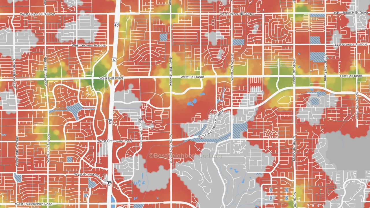 Walk Grade map of 85023, AZ, walkable areas in green and car-dependent areas in red