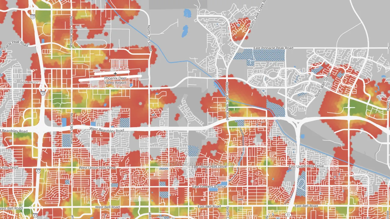 Walk Grade map of 85024, AZ, walkable areas in green and car-dependent areas in red