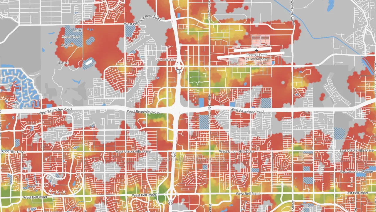 Walk Grade map of 85027, AZ, walkable areas in green and car-dependent areas in red