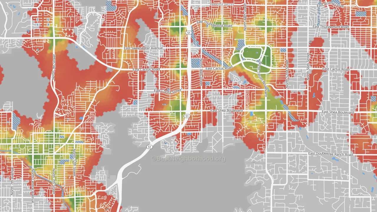 Walk Grade map of 85028, AZ, walkable areas in green and car-dependent areas in red