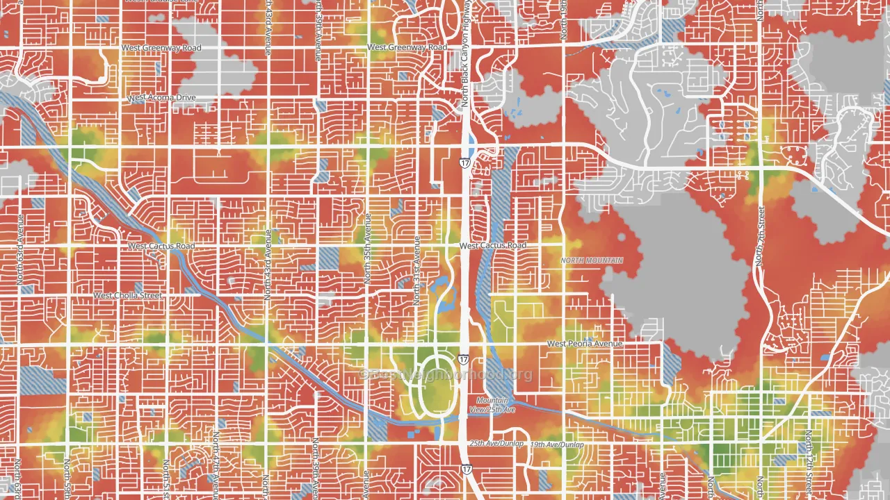 Walk Grade map of 85029, AZ, walkable areas in green and car-dependent areas in red