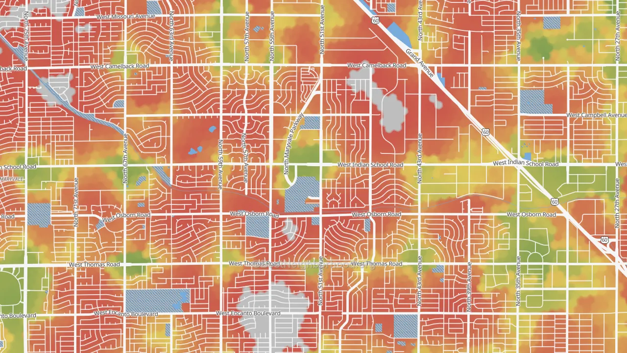 Walk Grade map of 85031, AZ, walkable areas in green and car-dependent areas in red