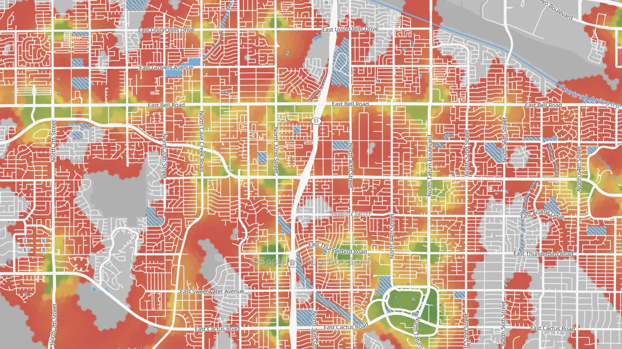 Walk Grade map of 85032, AZ, walkable areas in green and car-dependent areas in red