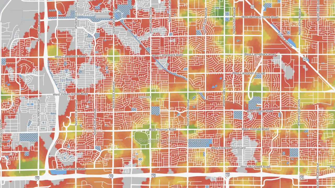 Walk Grade map of 85033, AZ, walkable areas in green and car-dependent areas in red