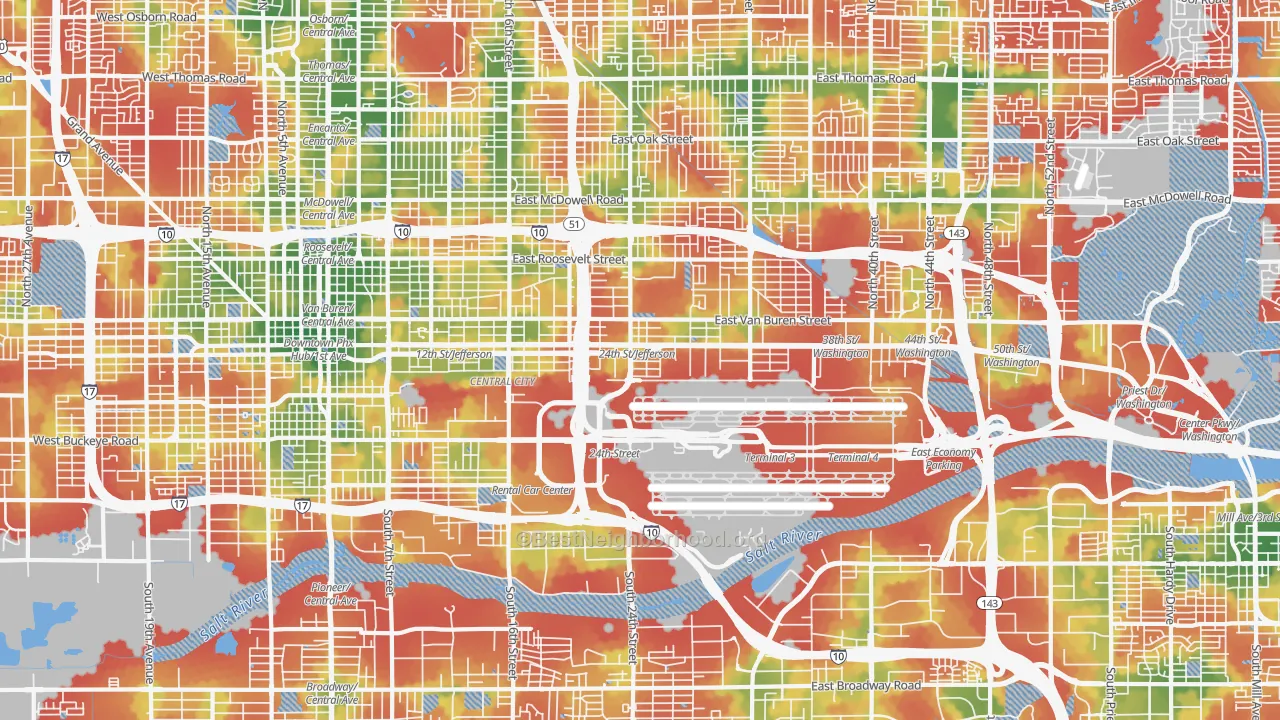 Walk Grade map of 85034, AZ, walkable areas in green and car-dependent areas in red