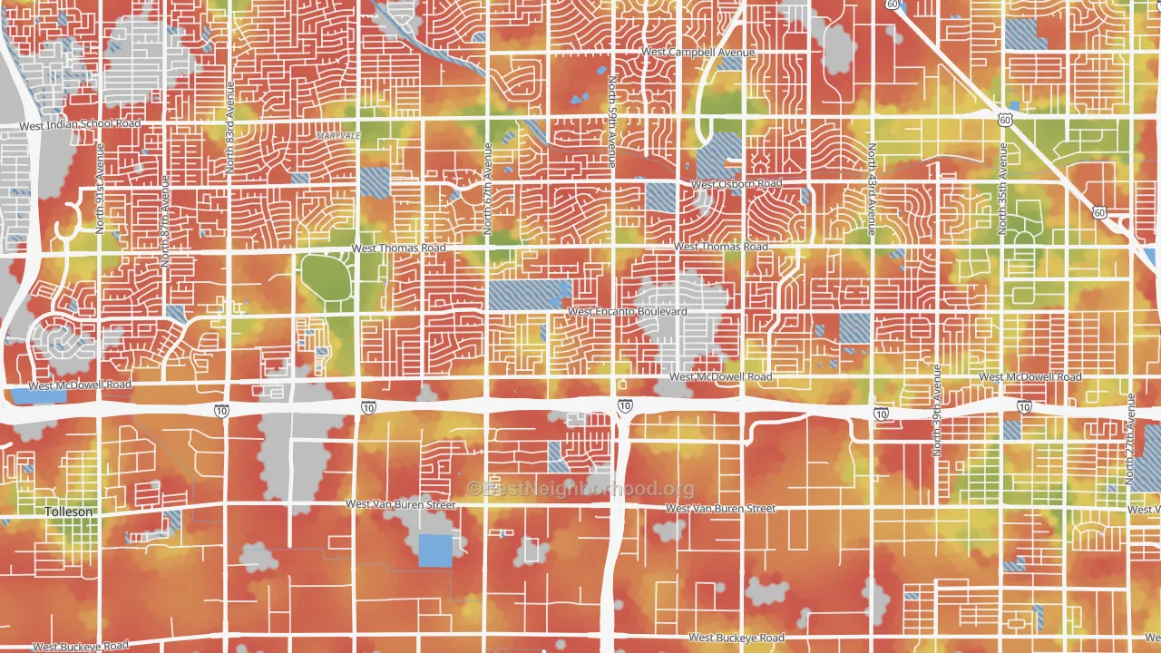 Walk Grade map of 85035, AZ, walkable areas in green and car-dependent areas in red