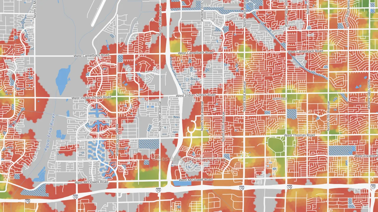 Walk Grade map of 85037, AZ, walkable areas in green and car-dependent areas in red